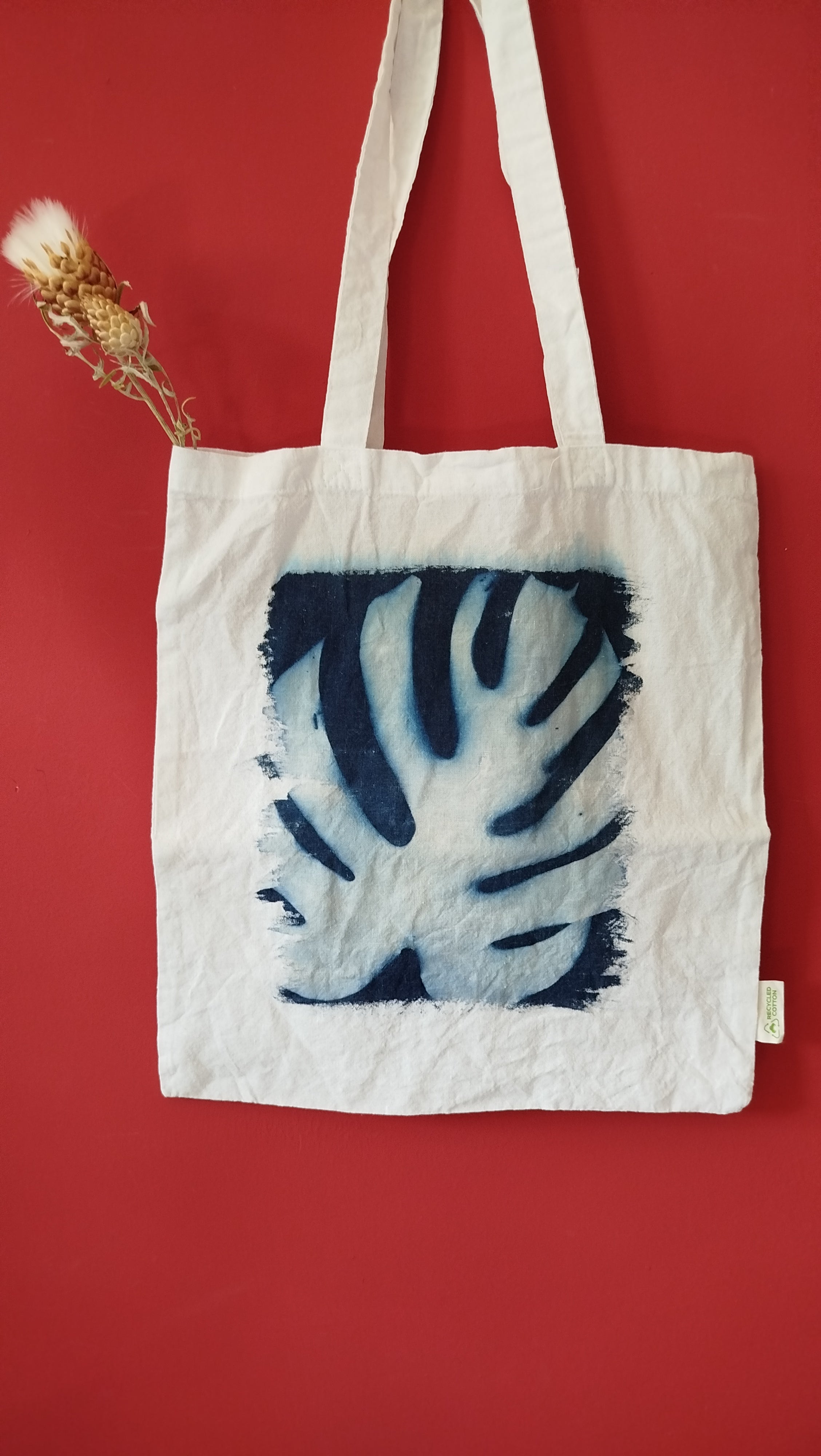 Shopper in cotone con cianotipia di monstera