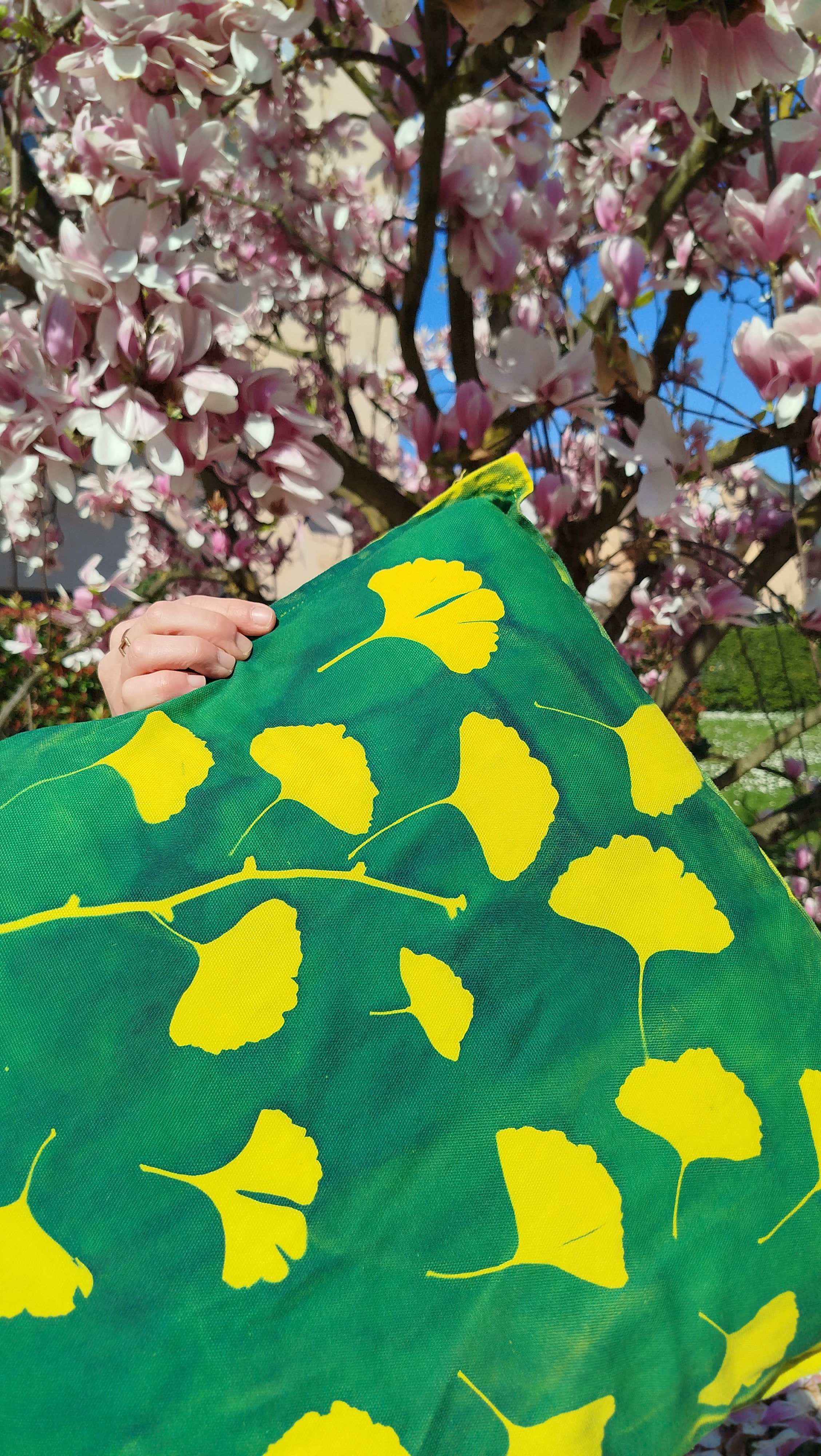 Federa con cianotipia di ginkgo