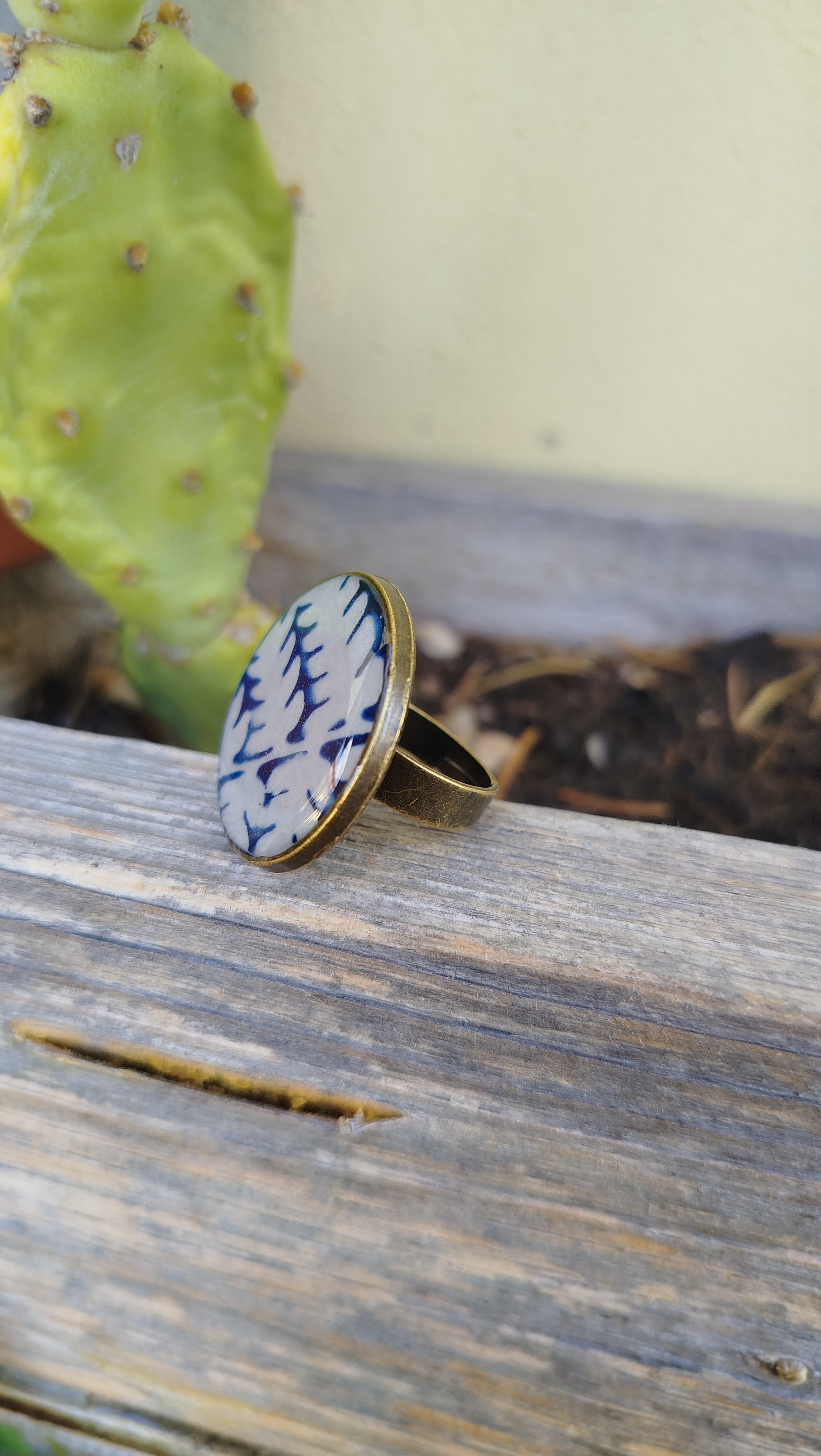 Anello regolabile con cianotipia di felce
